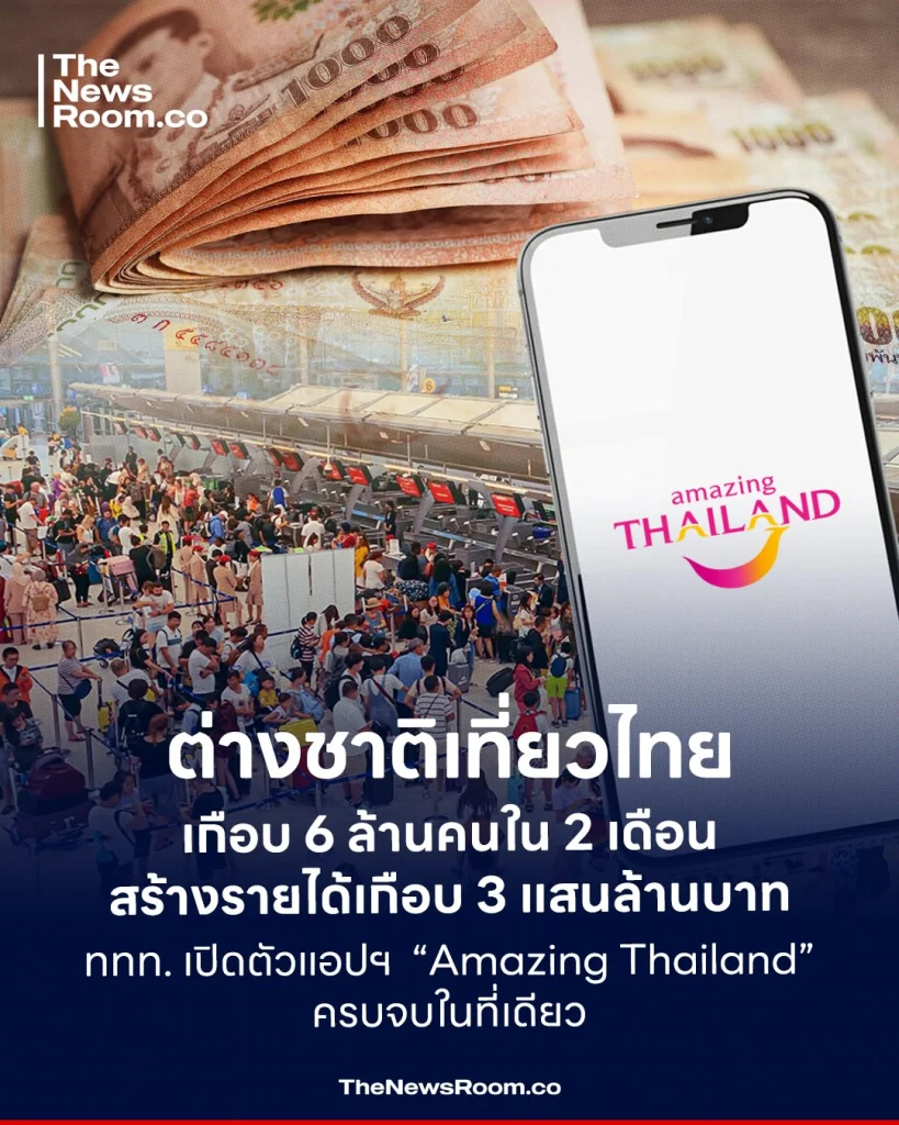 ต่างชาติเที่ยวไทยเกือบ 6 ล้านคนใน 2 เดือน สร้างรายได้เกือบ 3 แสนล้านบาท ททท. เปิดตัวแอปฯ “Amazing Thailand” ครบจบในที่เดียว