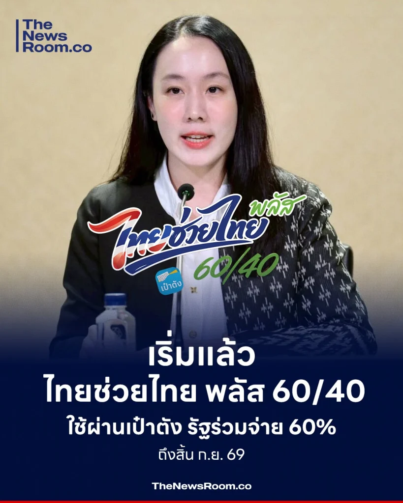 เริ่มแล้ว! ไทยช่วยไทย พลัส 60/40 ใช้ผ่านเป๋าตัง รัฐร่วมจ่าย 60% ถึงสิ้น ก.ย. 69