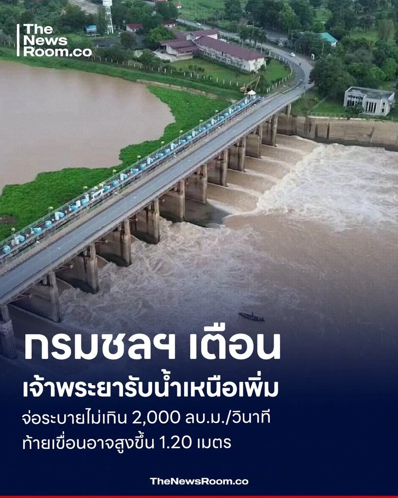 กรมชลฯ เตือนเจ้าพระยารับน้ำเหนือเพิ่ม จ่อระบายไม่เกิน 2,000 ลบ.ม./วินาที ท้ายเขื่อนอาจสูงขึ้น 1.20 เมตร