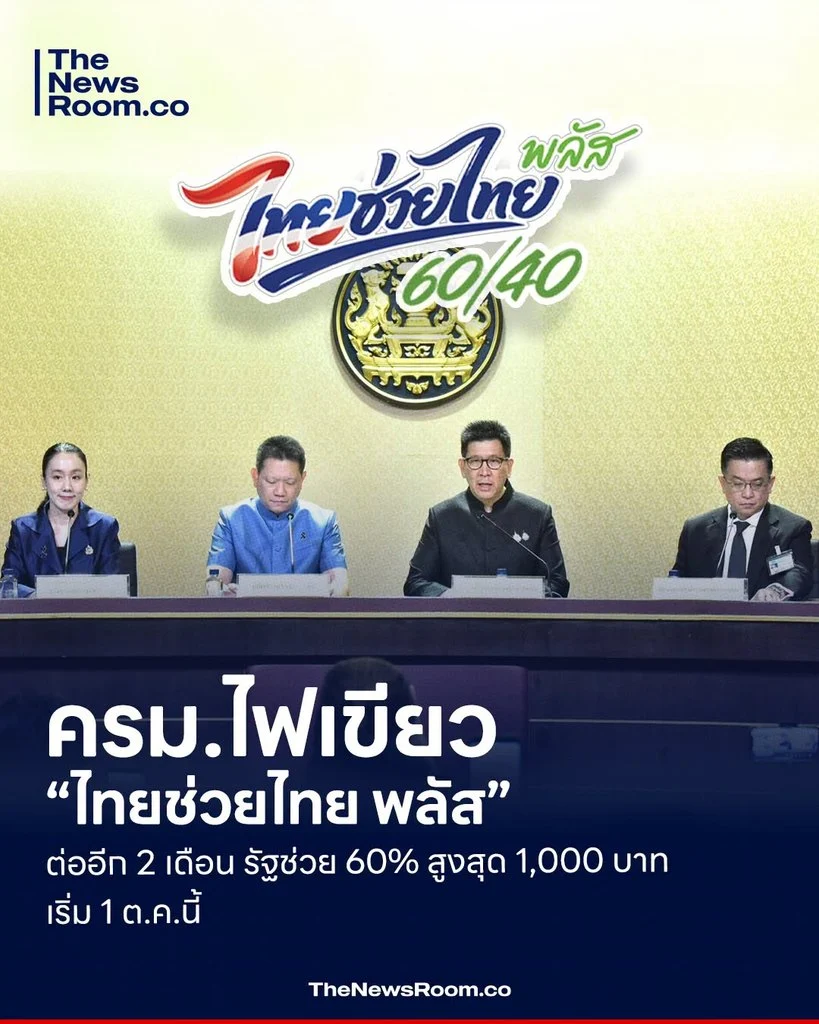 ครม.ไฟเขียว “ไทยช่วยไทย พลัส” ต่ออีก 2 เดือน รัฐช่วย 60% สูงสุด 1,000 บาท เริ่ม 1 ต.ค.นี้