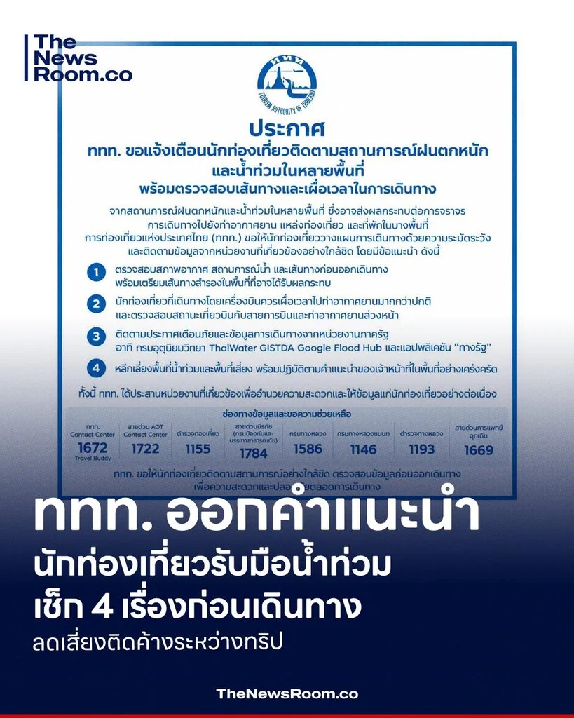ททท. ออกคำแนะนำนักท่องเที่ยวรับมือน้ำท่วม เช็ก 4 เรื่องก่อนเดินทาง ลดเสี่ยงติดค้างระหว่างทริป