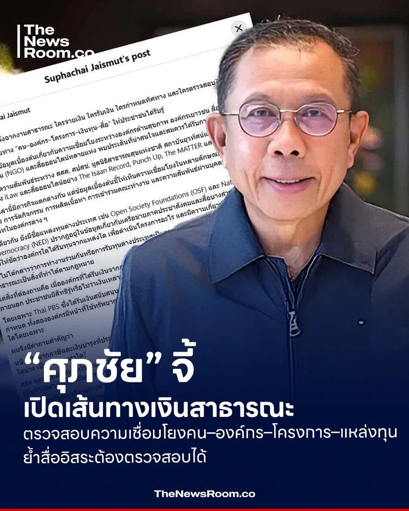 “ศุภชัย” จี้เปิดเส้นทางเงินสาธารณะ ตรวจสอบความเชื่อมโยงคน–องค์กร–โครงการ–แหล่งทุน ย้ำสื่ออิสระต้องตรวจสอบได้